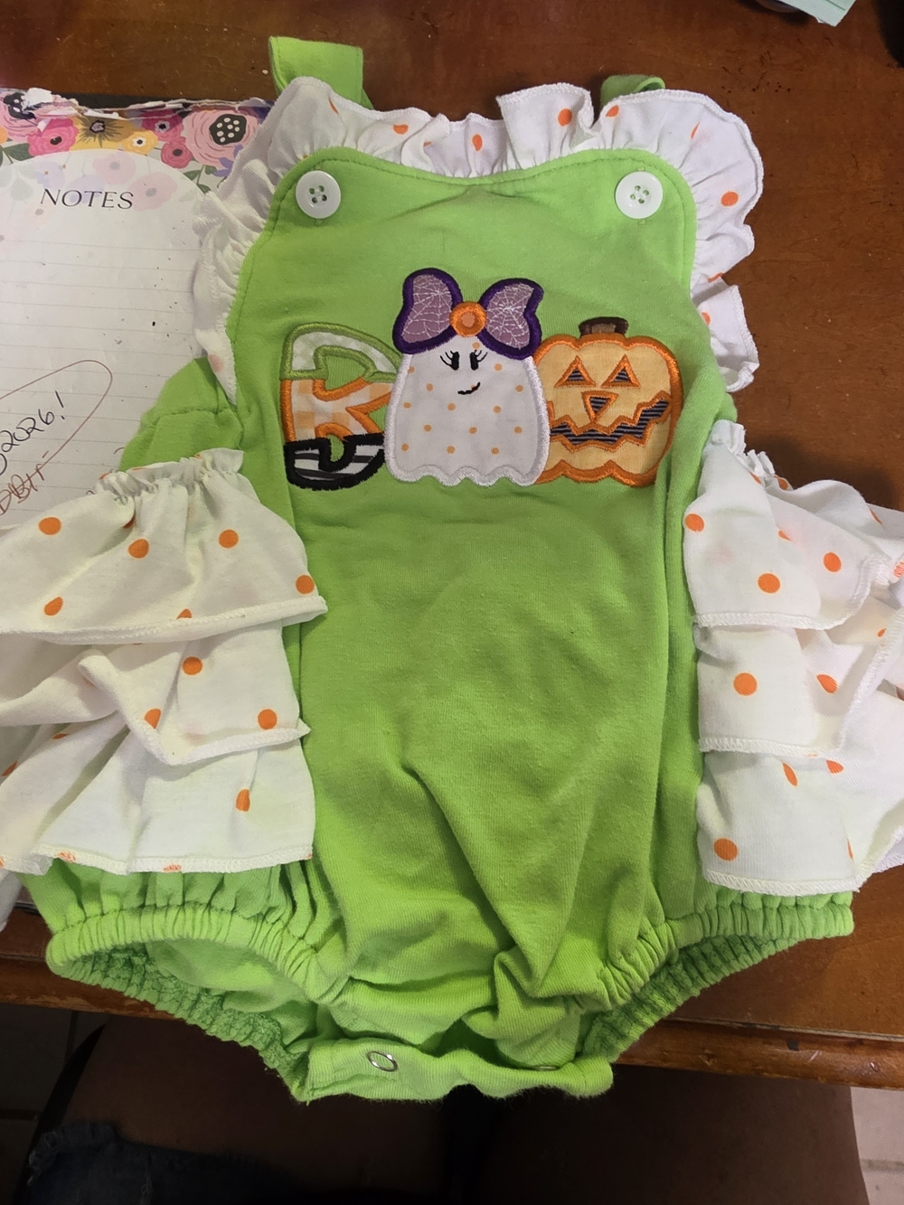 Halloween Ghost & Pumpkin Lime Green Baby Romper